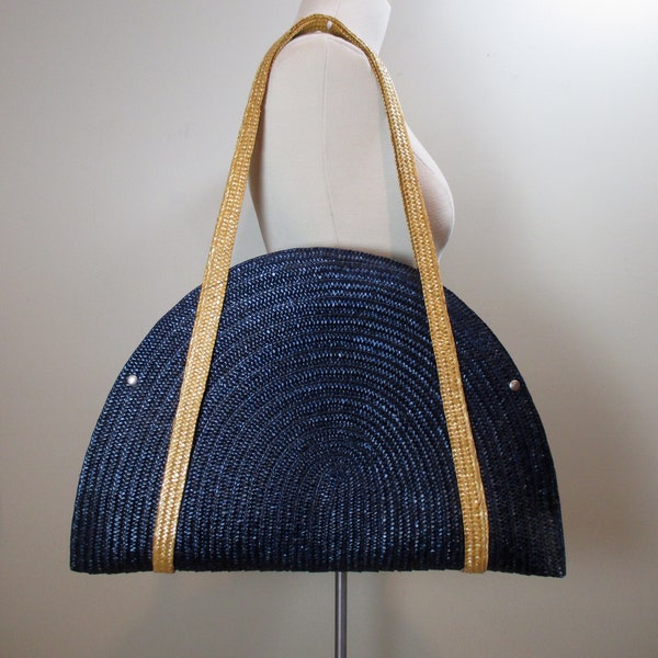 Vintage Navy Woven Straw Tote Crescent Shaped Shoulder Bag Summer Vacation Bag Large Half Moon Handbag Made in Italy for Pappagallo Shops