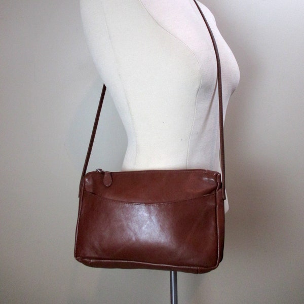 Vintage Chestnut Brown Leather Crossbody Zip Top Shoulder Bag 1980s Small Leather Purse Brown Cross Body Bag 9.5 x 1.5 x 6