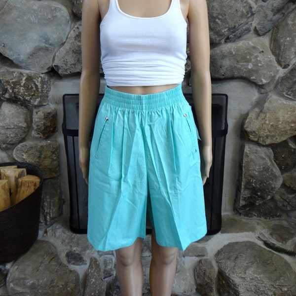 Vintage 80s Dead Stock High Rise Aqua Blue Cotton Bermuda Shorts Ladies 22" Elastic Waist Pull Up Loose Baggy Flare Women's Clothing M NOS