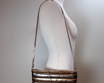 Vintage 1980s Puffy Leather Shoulder Bag Gold & Silver Striped Purse Convertible Crossbody Mixed Metal Leather Handbag Small Evening Bag