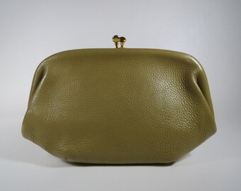 Pebbled Leather Handbag Petite Framed Bag Vintage Olive Green Bag Small Clutch Green Pebbled Leather Bag Vintage Green Clutch Bag