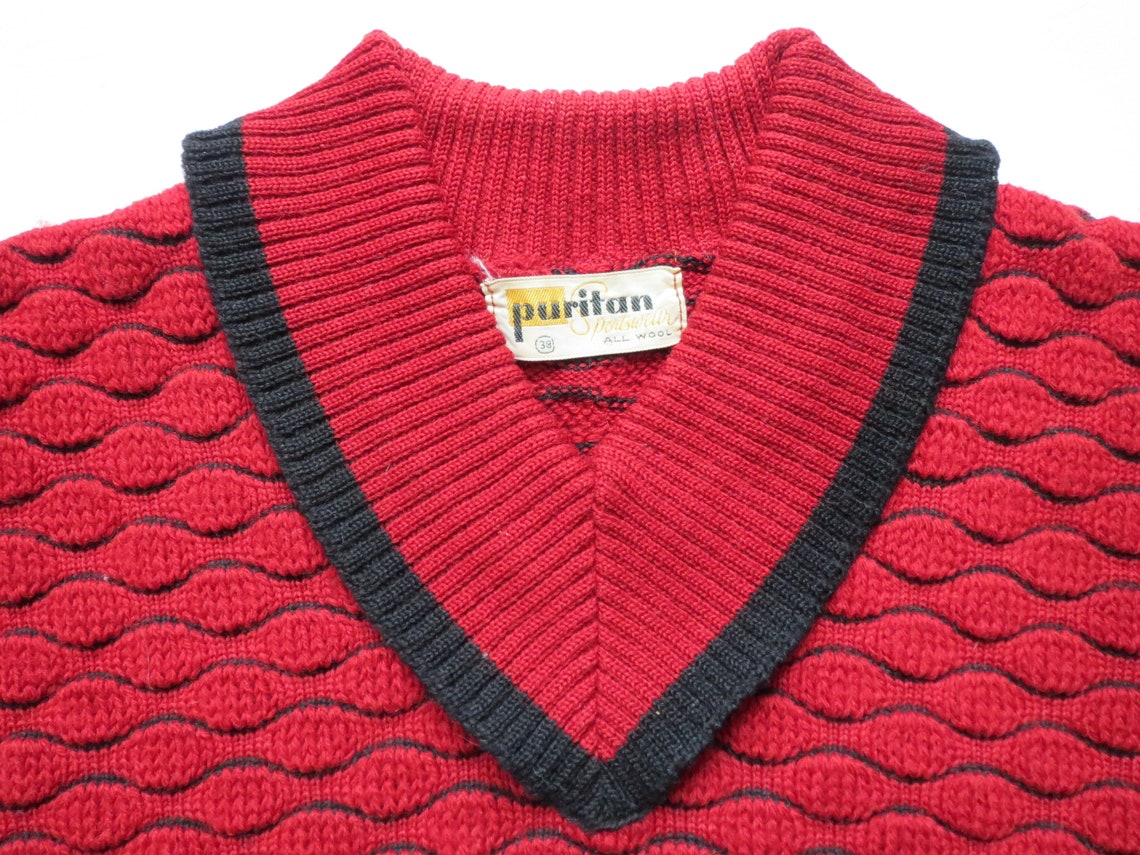 Mid Century Sweater Red Textured Wool Pullover V-Neck Sweater | Etsy