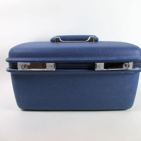 Vintage SAMSONITE Concord Train Case Blue Plastic Hard Sided Luggage Travel Vanity Carry On Luggage Overnight Weekender Tote Top Handle Bag