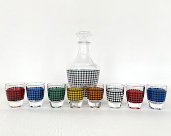Mid Century French Harlequin Liqueur Set, Vintage Bar Decanter & Glasses, Houndstooth Pattern Barware