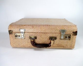 1940s Antique Suitcase with Leather Handle Beige Tweed Hard Sided Luggage Vintage Travel Bag Old Distressed Suitcase Photo Prop Home Decor