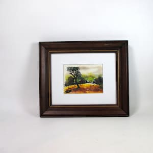 Rural Country Landscape Watercolor Wood Framed Painting Original Artwork Vintage Abstract Farm Scenery with Brown and Green Color Shades