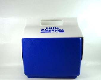 Nevera portátil con aislamiento IGLOO Little Playmate vintage de los años 90, con tapa giratoria azul y blanca