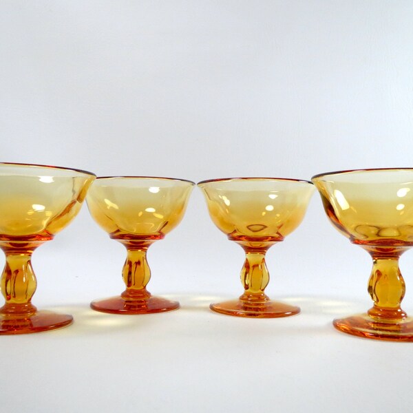 Art Deco Glassware 4 pc Heavy Crystal Champagne Coupes Tiffin-Franciscan Desert Red Amber Pedestal Barware 1930s Antique Depression Glass