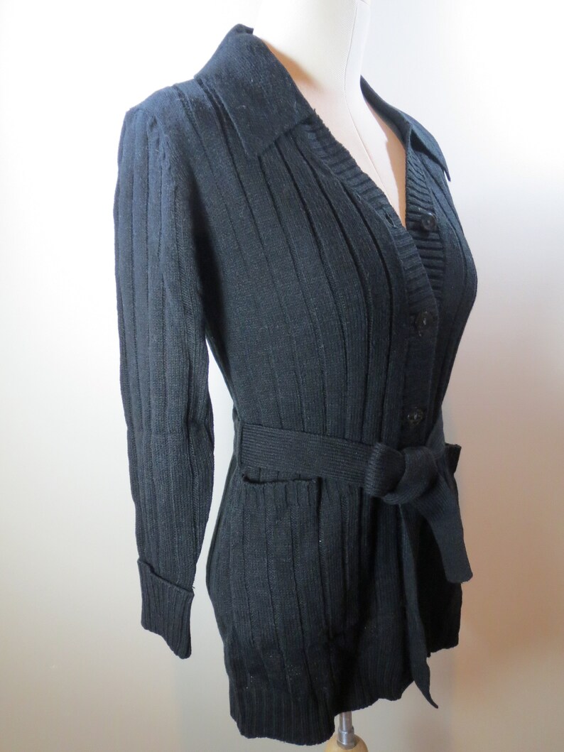 New Vintage Belted Cardigan 1970s Bohemian Knit Sweater Button Down Sweater Black Sweater Vintage Knit Sweater Vintage Sweater Women/'s S