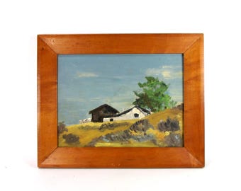 Antique Framed Landscape Painting, Impressionist Wall Art, House on the Hill Oil on Board