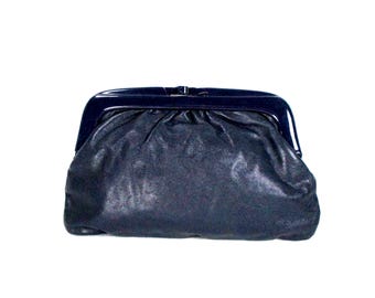 Italian Navy Blue Leather Purse, Plastic Framed Clutch Bag, Vintage Handbag, Made in Italy