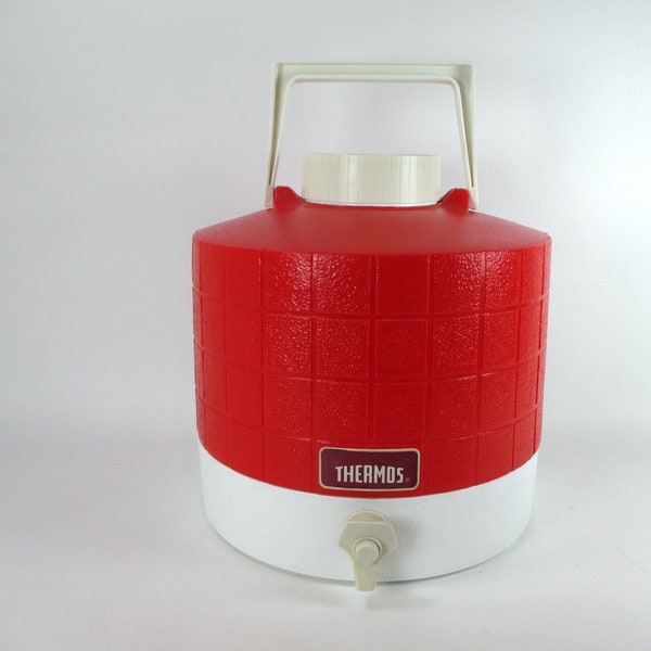 Vintage 1970s THERMOS Picnic Jug Red & White Plastic 3 Gallon Drink Cooler Portable Insulated Beverage Cooler Camping Tailgate Beach BBQ