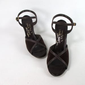 1960s Brown Velvet Open Toe Sling Back Shoes Ladies Retro Mod Terri Tones by Polly Preston High Heel Sandals with Ankle Strap Women&#39;s 7.5 AA