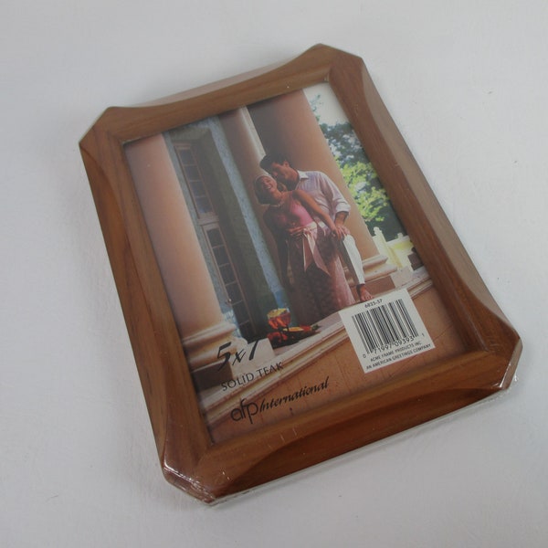 New Vintage Dead Stock 5x7 Teak Wood Picture Frame w Glass Easel Back Table Top Horizontal Vertical Hanging Gallery Wall Art NIP