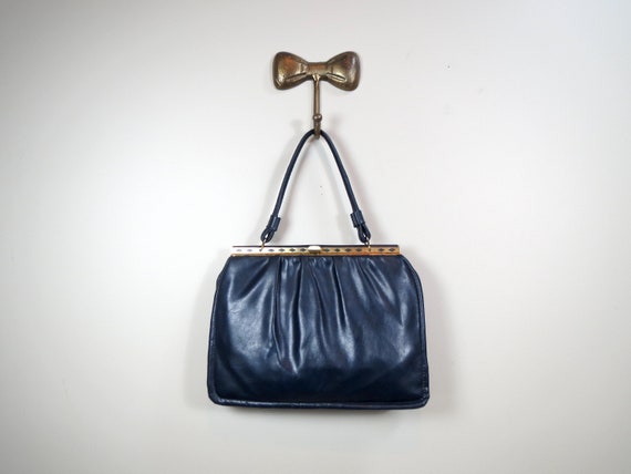 Blue Vinyl Handbag Mid Century Purse Top Handle K… - image 1