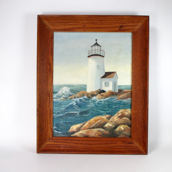 Lighthouse on the Rocks Oil on Canvas Vintage Original Wood Framed Painting Artist Signed Wall Art Mid Century Seascape Coastal Home Decor