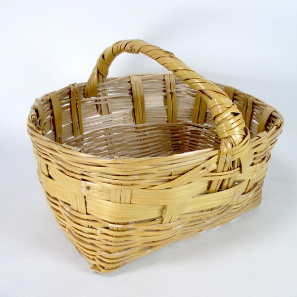 Antique Hand Woven Split Reed Easter Basket Farmers Market Tote Vintage Wood Splint Handcrafted Gathering Basket Woven Top Handle Basket