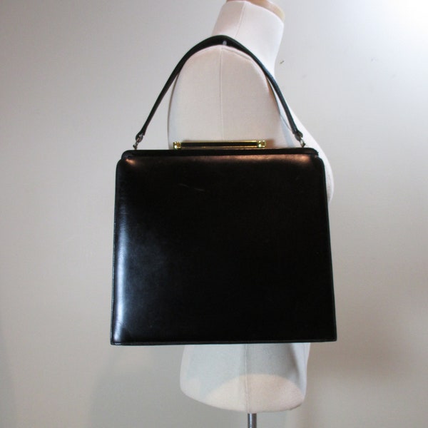 Vintage Black Leather Kelly Bag Mid Century Purse Gold Framed Pocketbook Structured Top Handle Bag Vintage 1960s Mod Handbag Black Purse
