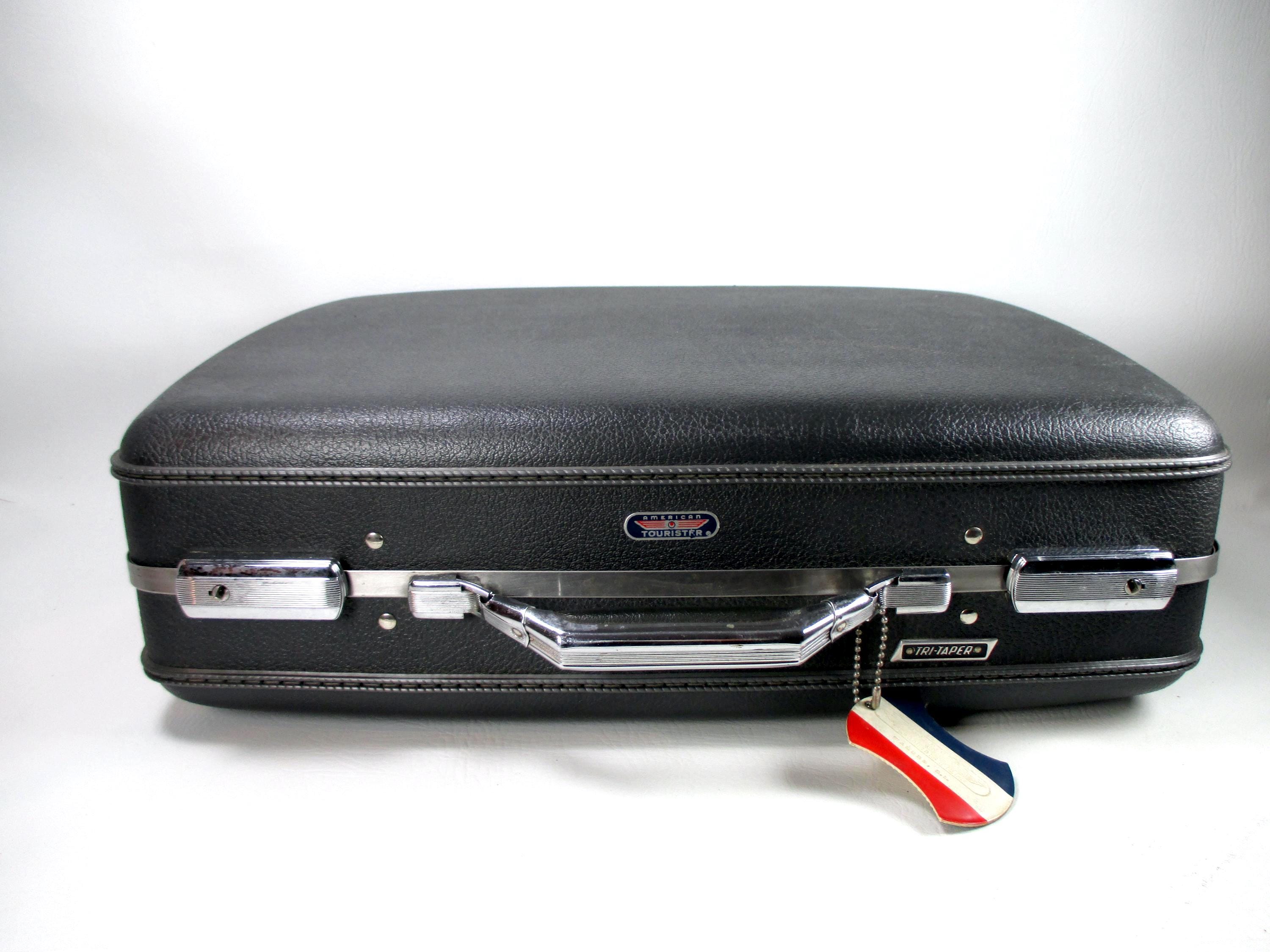 American Tourister Vintage Suitcase Overnight Travel Bag Retro 1980s Weekender Bag Gray Hard Sided Luggage with Red Plaid 20" Travel Tote