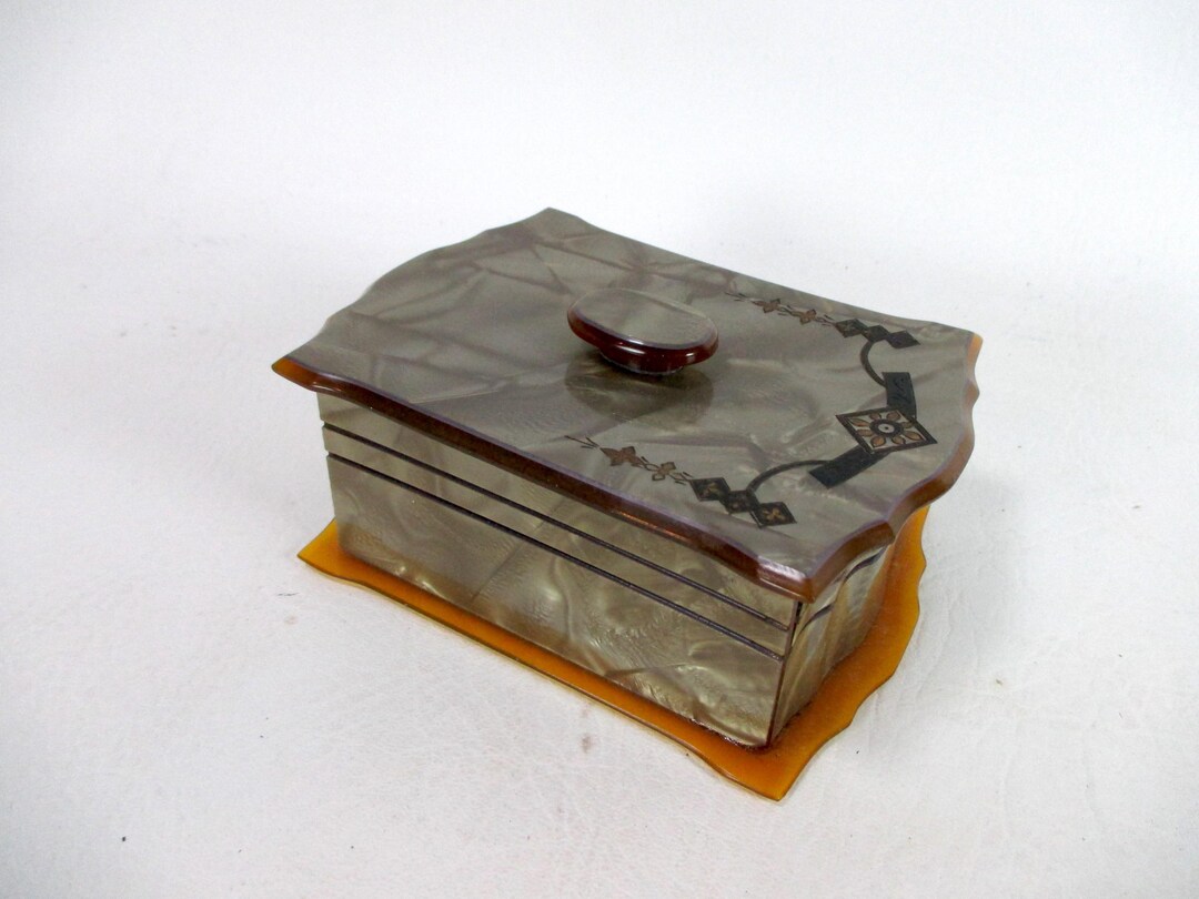 Pyralin Box Art Deco Celluloid Box With Pearlized Gray & Butterscotch Antique ...