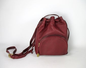 Maroon Genuine Leather Bucket Bag Sereta Crossbody Purse Vintage Drawstring Shoulder Bag 1990s Satchel Carryall Tote Red Wine Leather Purse