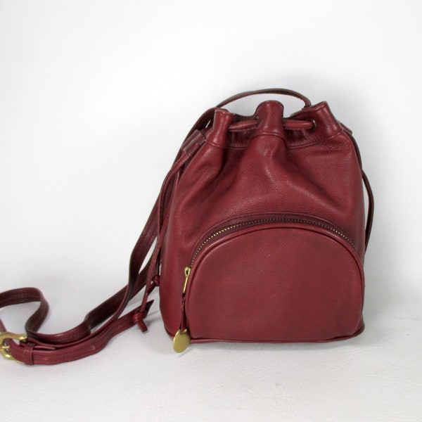 Maroon Genuine Leather Bucket Bag Sereta Crossbody Purse Vintage Drawstring Shoulder Bag 1990s Satchel Carryall Tote Red Wine Leather Purse
