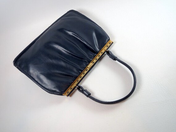 Blue Vinyl Handbag Mid Century Purse Top Handle K… - image 4