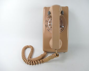 Vintage 1980s Rotary Dial Telephone w Coiled Cord Retro Beige Wall Mount Phone for Landline Restored Working Movie Stage Prop Office Decor