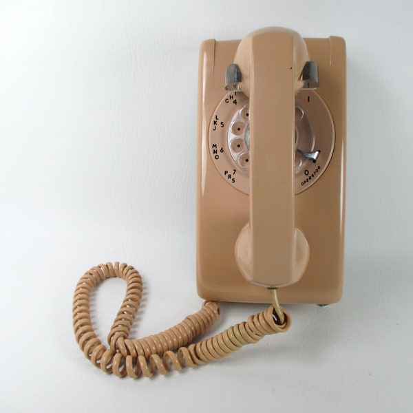 Vintage 1980s Rotary Dial Telephone w Coiled Cord Retro Beige Wall Mount Phone for Landline Restored Working Movie Stage Prop Office Decor