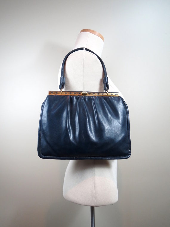 Blue Vinyl Handbag Mid Century Purse Top Handle K… - image 3