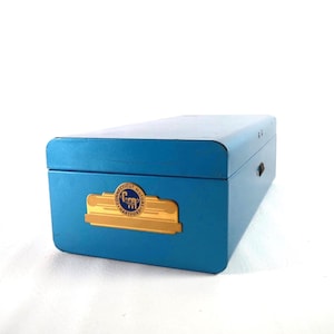 Caja para documentos Connecticut Mutual Hartford, caja de póliza con cerradura de acero azul, baúl de almacenamiento de metal vintage