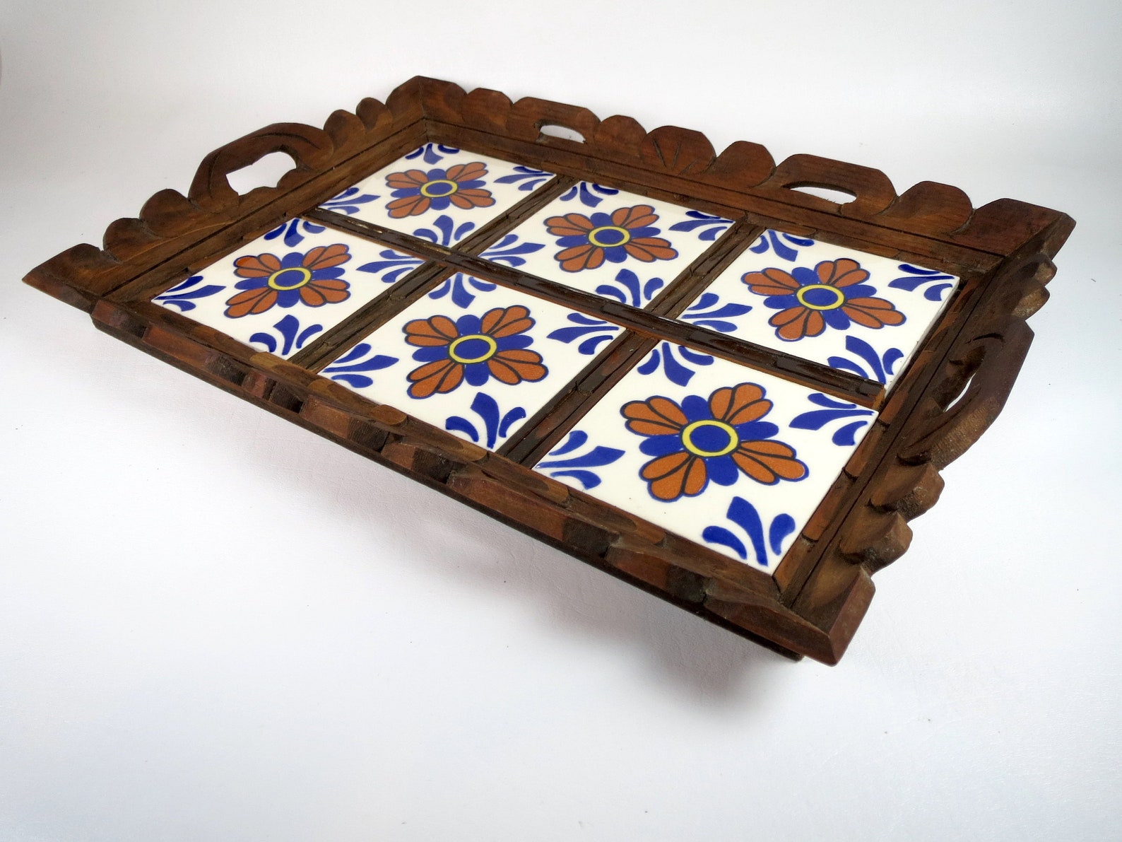 Mexican Tile Serving Tray w Handles Hand Carved Wood Tray Etsy