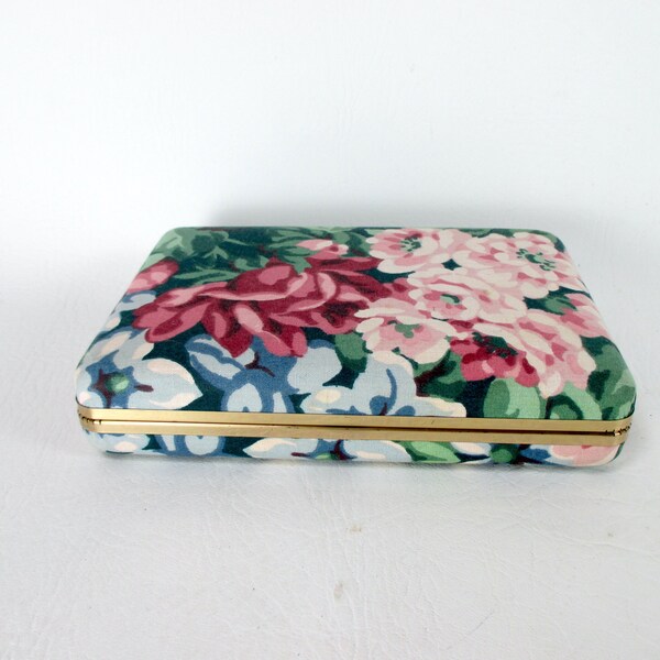 Vintage Travel Valet Floral Fabric Jewelry Case Snap Hinged Hard Body Portable Jewelry Box with Mirror Earrings Necklace Rings 7.5 x 5 x 1.5