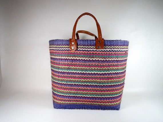 Leather Handle Market Tote Vintage Straw Bag Basket Weave Tote | Etsy