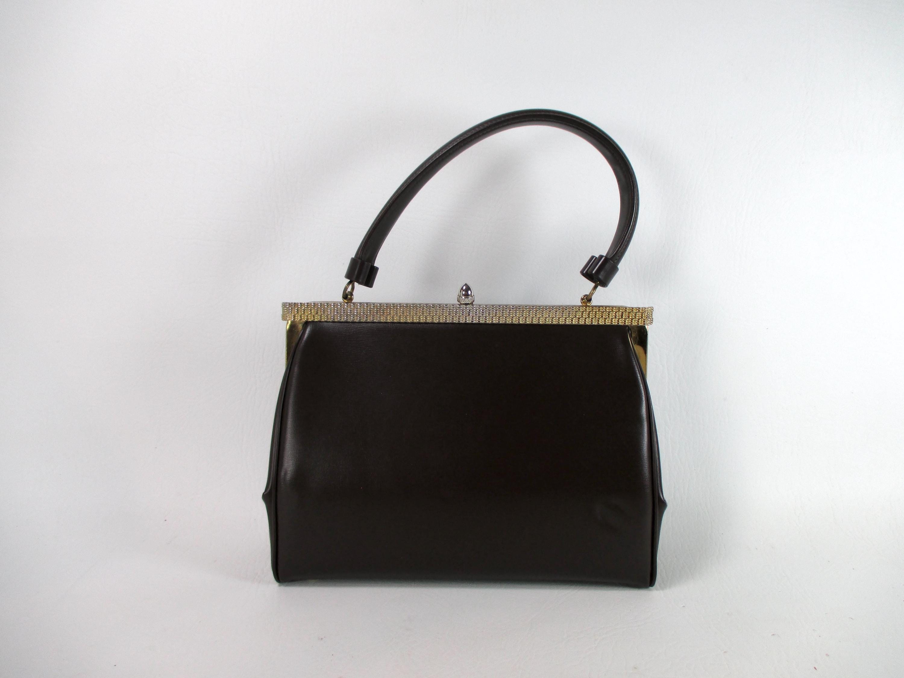 1960s Top Handle Bag Mid Century Purse Vintage Brown Handbag Leather-Like Purse Structured Gold Framed Vinyl Pocketbook Vegan Leather Purse