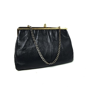 1960s Black Leather Purse Convertible Clutch Bag Vintage Handbag Black Leather Framed Purse Mid Century Handbag with Hideaway Chain Handle