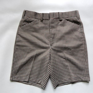 1960s Bermuda Golf Shorts Vintage Men&#39;s Zip Up Flat Front Grampa Shorts Brown Green Beige Houndstooth Polyester Summer Clothing Size 34