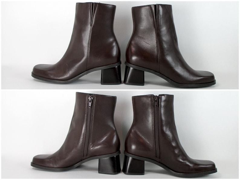 NEW Vintage Dead Stock 1990s Brown Leather Square Toe Boots Stacked Block Heel Zip Up Mid Calf Unworn Naturalizer Women's Footwear US 6.5 image 6