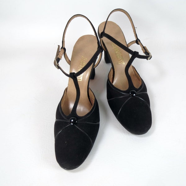 Vintage Daisy Black Suede T-strap Deco Flapper Closed Toe Open Vamp Sling Back Ankle Strap High Heel 1930s Style Women's Evening Shoes 9 AA