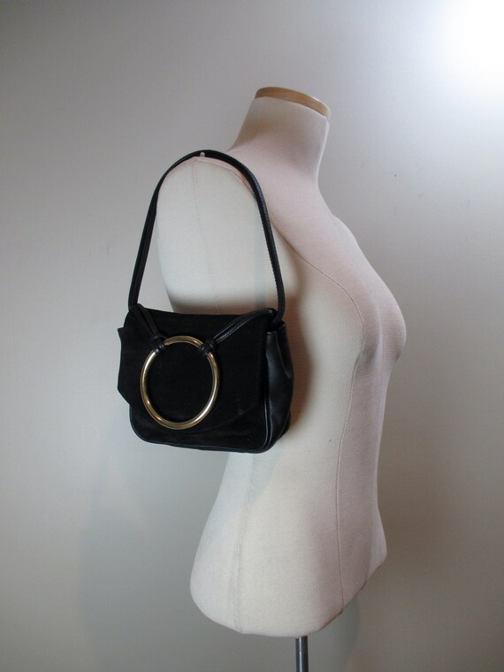 Vintage 1990s NINE WEST Black Suede Gold Ring Baguette Bag Convertible Crossbody Fold Over Flap Purse Top Handle Black Leather Shoulder Bag Etsy UK