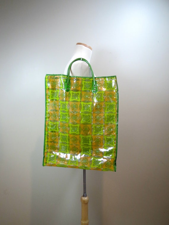 Vintage Clear Plastic Flower Power Tote 1960s Retro Green 