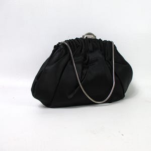 Black Satin Fabric Clutch with Ruching Vintage Silver Framed Purse Art Deco Handbag Special Occasion Bag with Silver Chain Handle