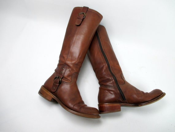 Vintage Tall Brown Distressed Leather Boots 1970s… - image 1