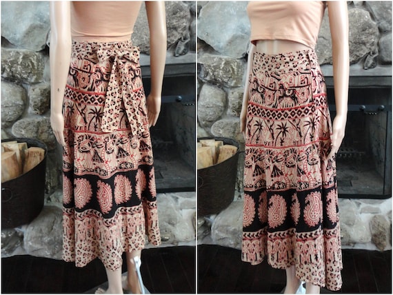 1970s Bohemian Cotton Batik Print Wrap Around Skirt Long A line Hippie Gypsy Ethnic Tan Black Red Color Block Women s Vintage Clothing India Etsy Canada