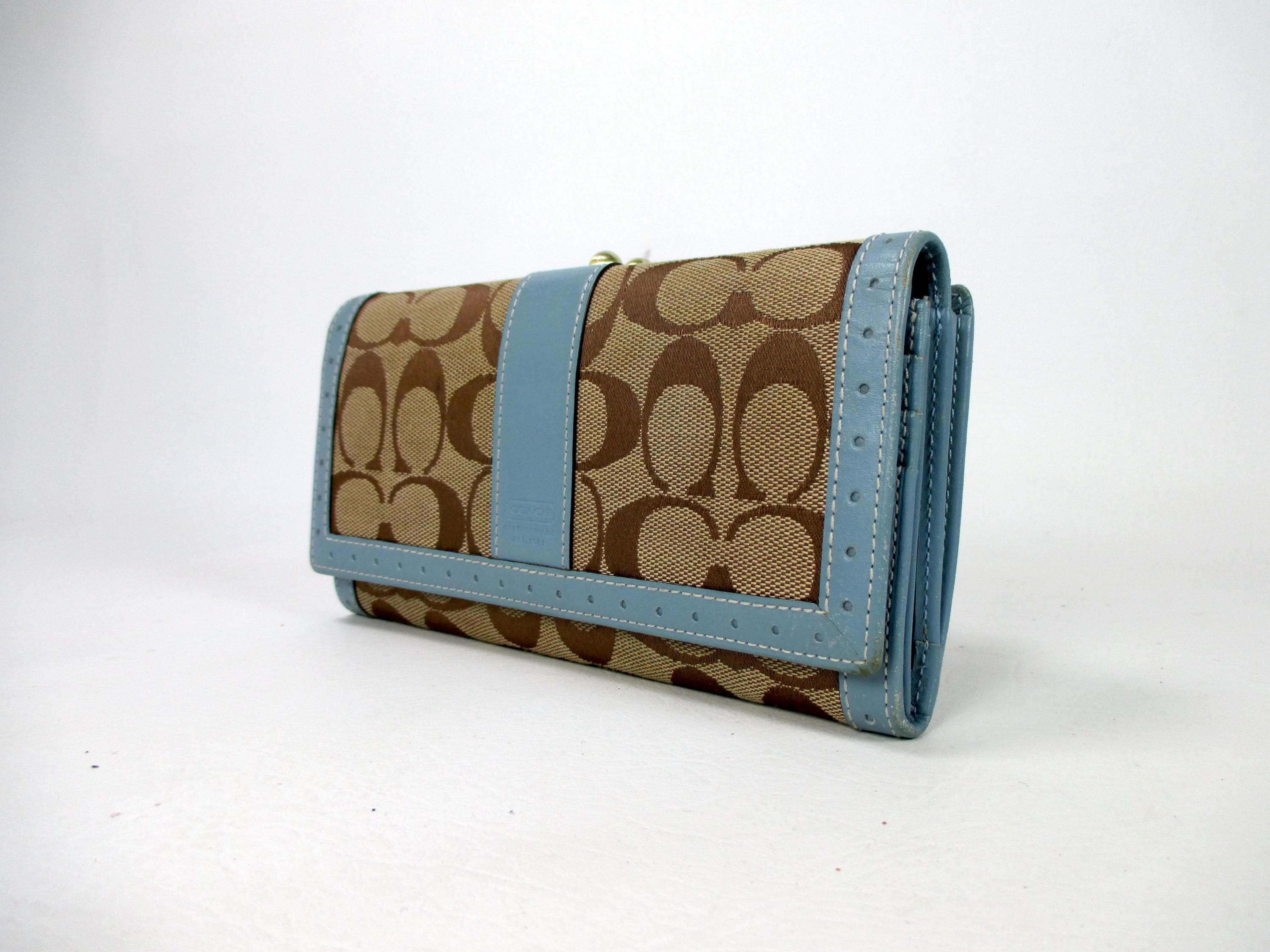 Coach Signature Canvas Logo Wallet With Blue Leather Trim Vintage 