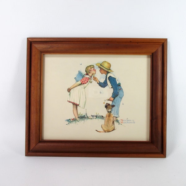 Norman Rockwell Fine Art Print Girl Waiting for a Kiss 1976 Oil Painting Reproduction Vintage Wood Framed 3D Lithograph 12.5 x 10.75