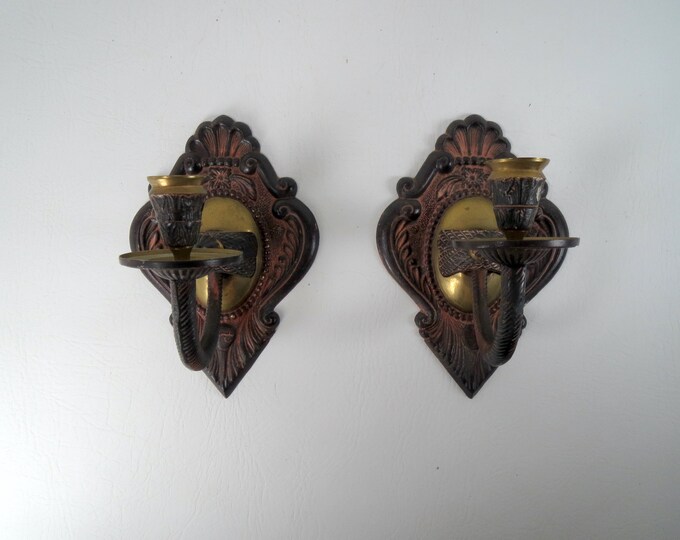 Vintage Pair Solid Brass Candle Sconces Arts & Crafts Ornate Wall Decor