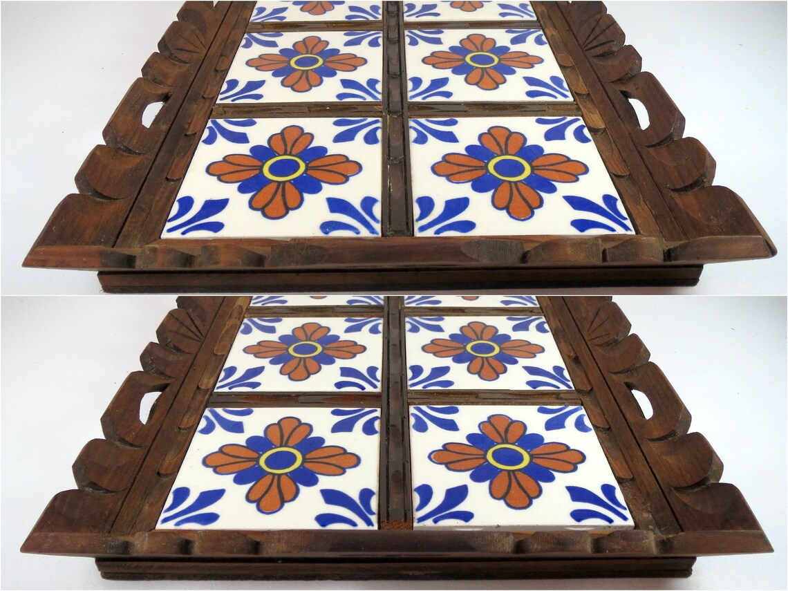Mexican Tile Serving Tray w Handles Hand Carved Wood Tray Etsy