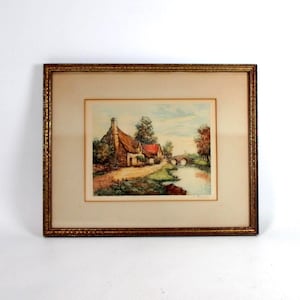 L Bouvray Hand Painted Color Etching 1930s Original Signed Block Print Antique Framed European Cottages on the Canal Vintage Landscape Art