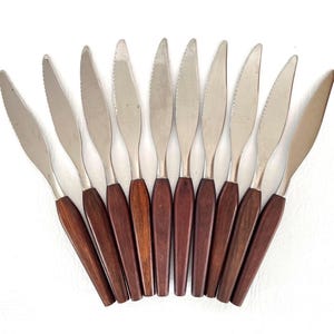 Puede incluir: Un juego de diez cuchillos de acero inoxidable con hojas dentadas y mangos de madera marrón oscuro. Los cuchillos están dispuestos en forma de abanico sobre un fondo blanco, mostrando su diseño y artesanía.